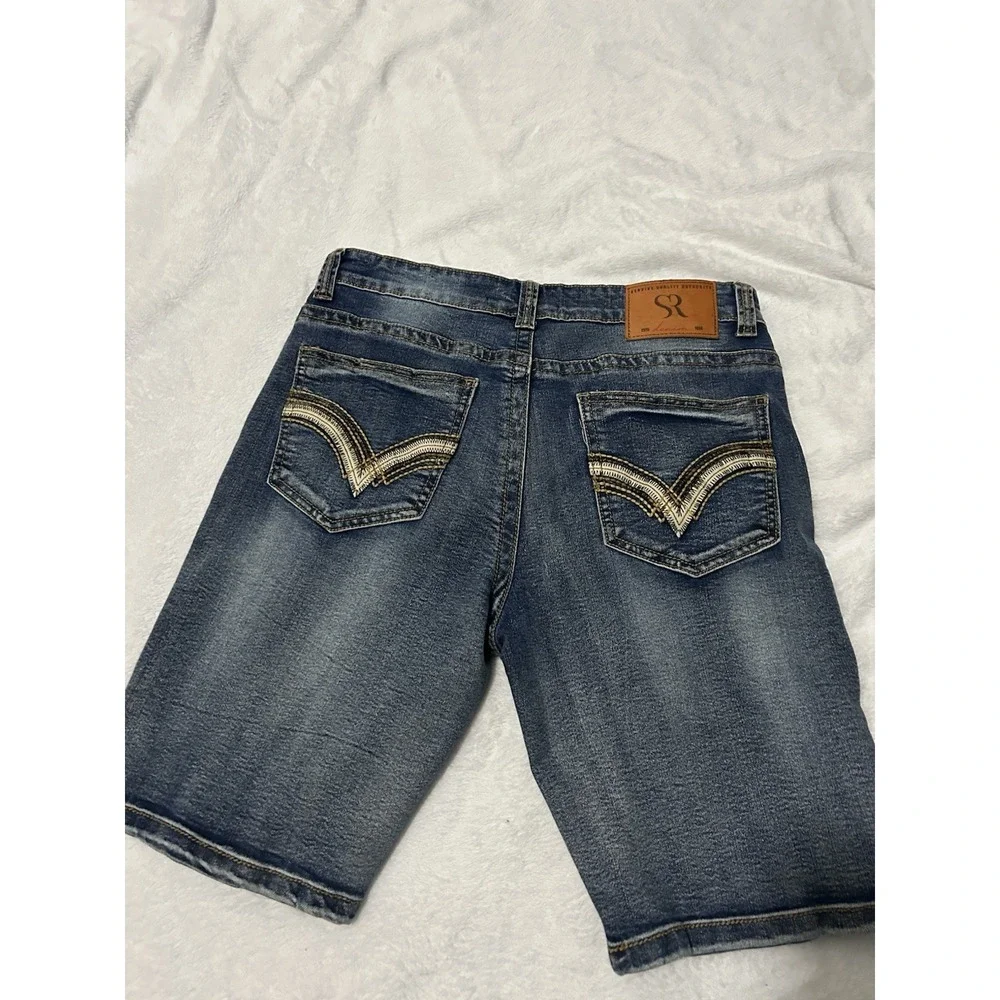 Stitches & Rivets Mens Denim Shorts Size 30 Medium Wash Embroidered Pockets Blue